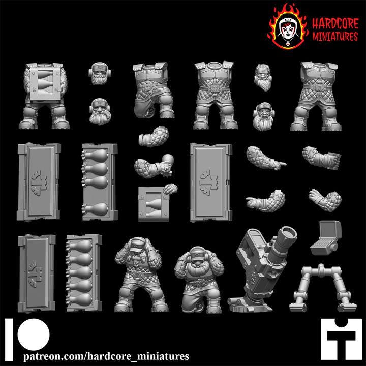 Retro Space Dwarf Mortar Squad | Artillery Support Unit & Crew | Hardcore Miniatures