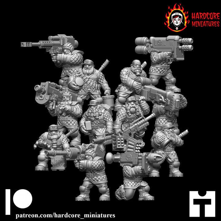 Retro Space Dwarf Heavy Weapons Squad | 12-Model Sci-Fi Support Unit | Hardcore Miniatures