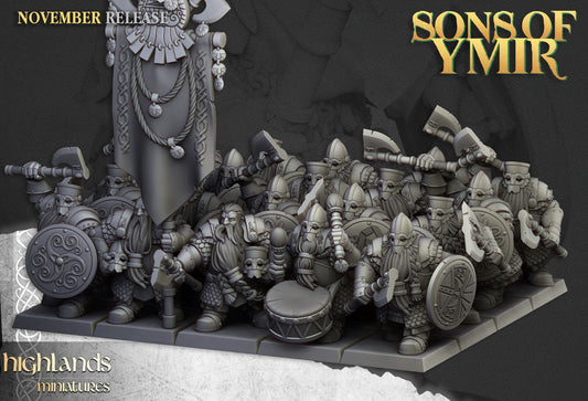 Dwarf Huscarls with Axes & Shields | Sons of Ymir | Highland Miniatures