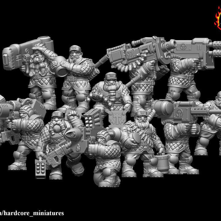 Retro Space Dwarf Heavy Weapons Squad | 12-Model Sci-Fi Support Unit | Hardcore Miniatures