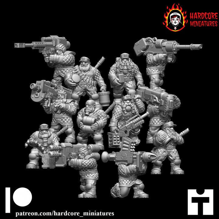 Retro Space Dwarf Heavy Weapons Squad | 12-Model Sci-Fi Support Unit | Hardcore Miniatures