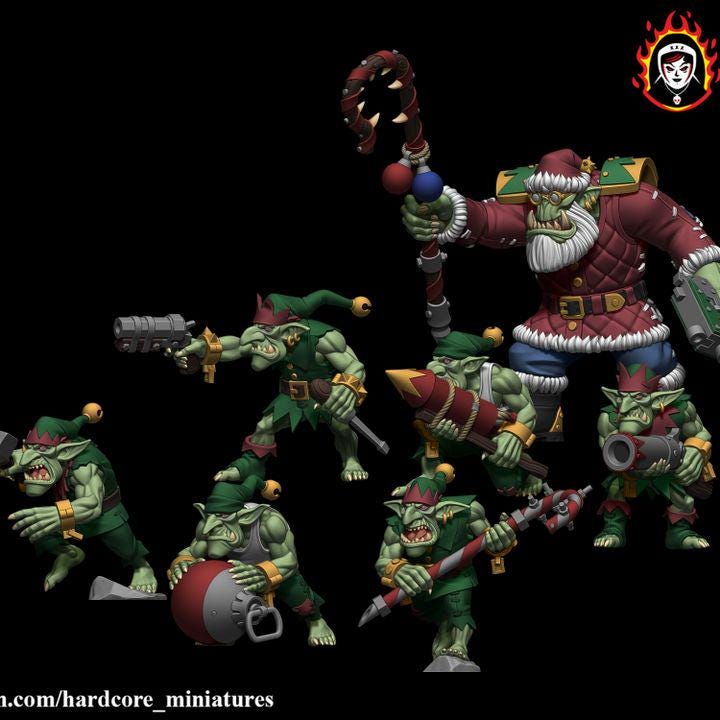 Retro Space Ork Santa & Gobbo Crew | Festive Greenskin Sci-Fi Miniatures | Hardcore Miniatures
