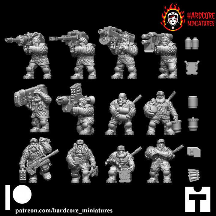 Retro Space Dwarf Heavy Weapons Squad | 12-Model Sci-Fi Support Unit | Hardcore Miniatures