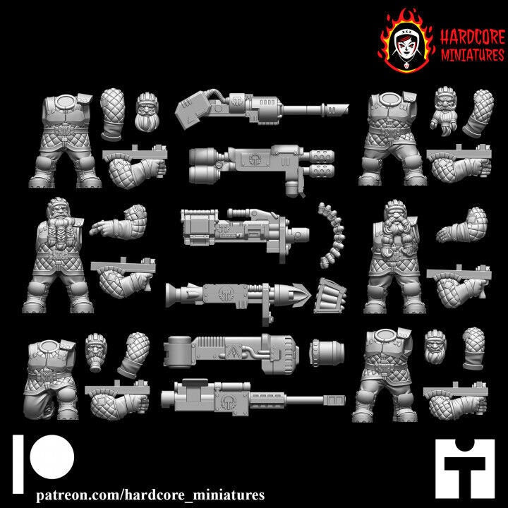 Retro Space Dwarf Heavy Weapons Squad | 12-Model Sci-Fi Support Unit | Hardcore Miniatures