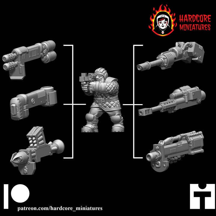 Retro Space Dwarf Heavy Weapons Squad | 12-Model Sci-Fi Support Unit | Hardcore Miniatures