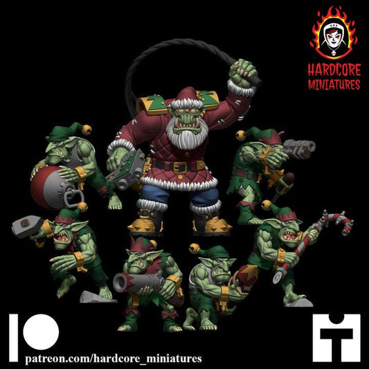 Retro Space Ork Santa & Gobbo Crew | Festive Greenskin Sci-Fi Miniatures | Hardcore Miniatures
