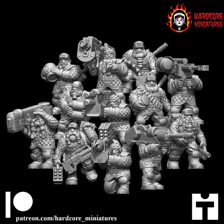 Retro Space Dwarf Heavy Weapons Squad | 12-Model Sci-Fi Support Unit | Hardcore Miniatures