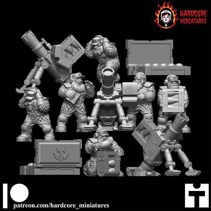 Retro Space Dwarf Mortar Squad | Artillery Support Unit & Crew | Hardcore Miniatures
